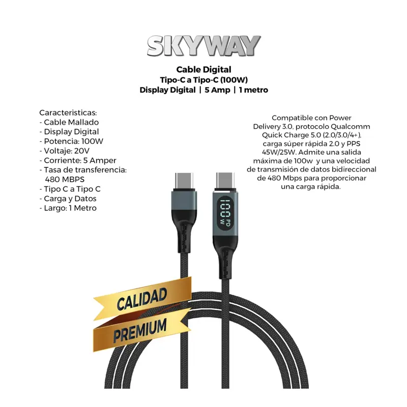 Cable Digital Tipo C a Tipo C 1 Metro (Muestra los Watts