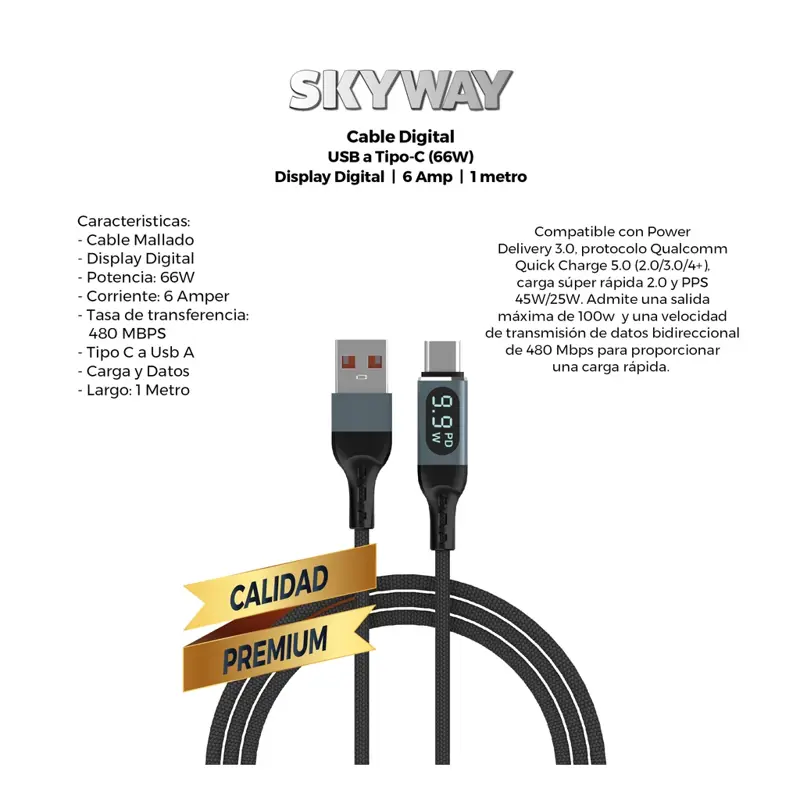 Cable Digital USB a Tipo C 6 Amperes 1 Metro (Muestra