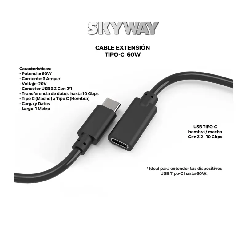Cable Extension USB C (Macho Hembra) Gen 3.2 10Gbps 60W