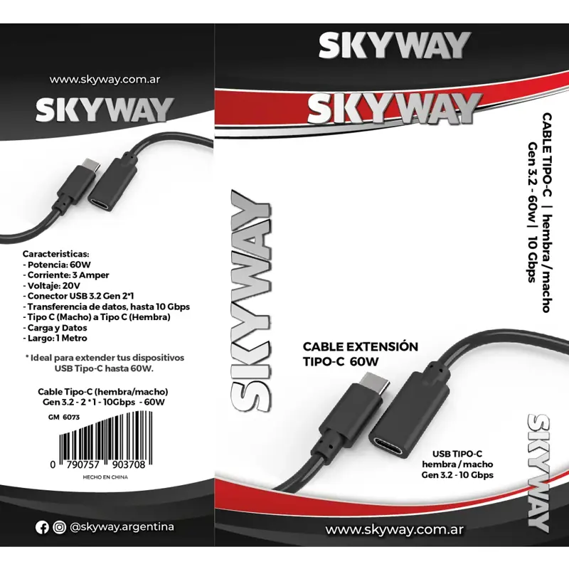 Cable Extension USB C (Macho Hembra) Gen 3.2 10Gbps 60W