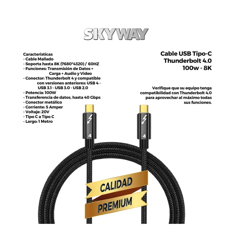 Cable USB C a USB C Thunderbolt 4.0 100w 1 Metro