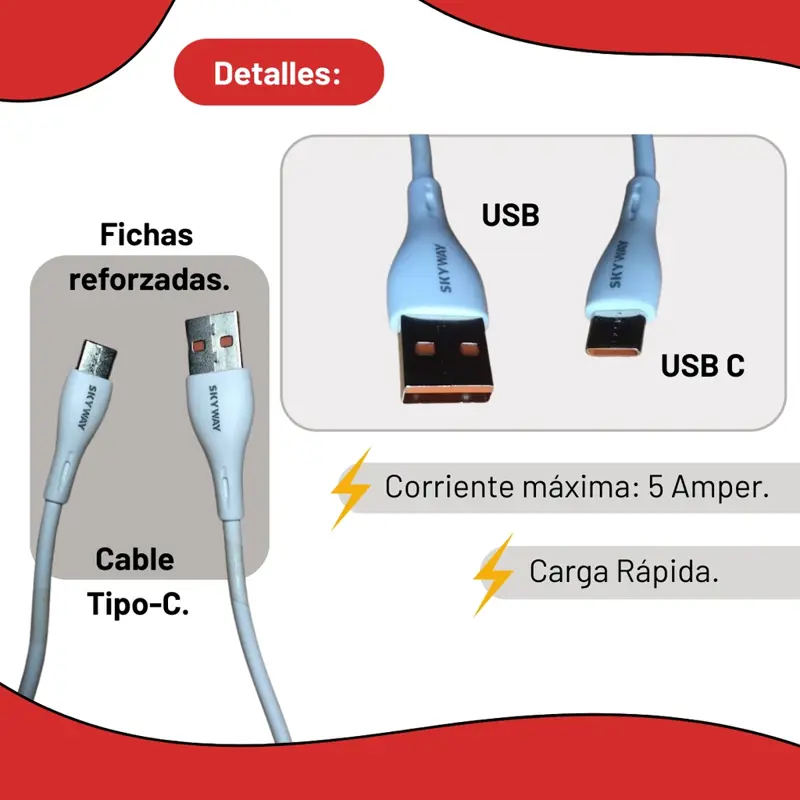 Cable Tipo C | 5 Amper Maxima Potencia | Datos Carga