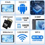 Tablets y Android 14 de 8 pulgadas, 12 GB de RAM, 64 GB de ROM, 2 TB, gris