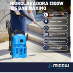 Hidrolavadora Midow 1300w 105 Bar Caudal 360 L/h Accesorios