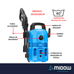 Hidrolavadora Midow 1300w 105 Bar Caudal 360 L/h Accesorios