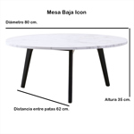 Mesa Baja - Ratona Icon Símil Mármol Patas De Madera 80 Cm. Negro