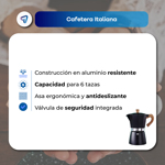 Cafetera Moka Italiana Aluminio 6 Pocillos 300ml Negra Waggs