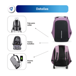 Mochila Urbana Antirrobo Porta Notebook 30 Litros con Cable USB Violeta Waggs