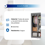 Armario Portatil Waggs Placard Organizador Perchero 8 Estantes Gris