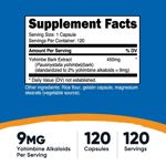 Suplemento Nutricost Extracto de corteza de yohimbe 450 mg 120 cápsulas