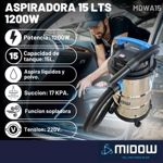 Aspiradora Sopladora Midow 15l 1200w Liquido Polvo Hepa