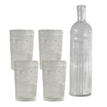 Set Botella + 4 Vasos de Vidrio con Relieve Agua Jugos