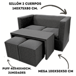 Juego De Living Minimalista Sillón+ Mesa + 2 puff Chenille GRIS
