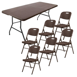 Combo Mesa Plegable 180Cm + 6 Sillas  Marrón