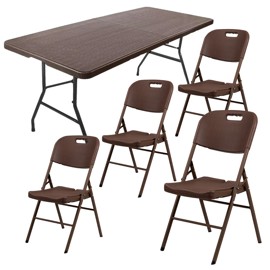 Combo Mesa Plegable 180Cm + 4 Sillas  Marrón