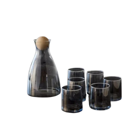 Set Botella Jarra Con Tapa + 6 Vasos Deco Vidrio Gri...