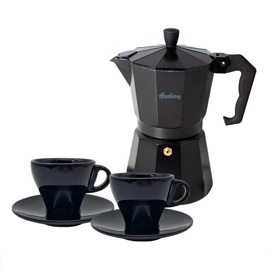 Set Cafetera Italiana + 2 Platos + 2 Pocillos Cerámi...