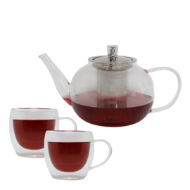 Set Tetera Vidrio Con Infusor + 2 Tazas Térmicas Vid...