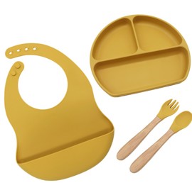 Set Alimentacion Bebe Silicona  Babero Plato Y Cubie...