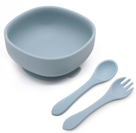 Set De Bowl Y Cubiertos De Silicona Gris Alimentaci...