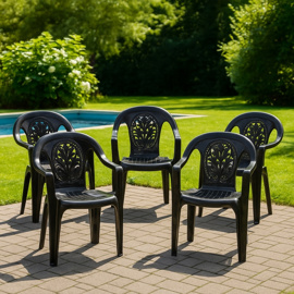 Juego 5 Sillas De Plastico Jardin Reforzadas Con Apoyabrazos Moon Negras