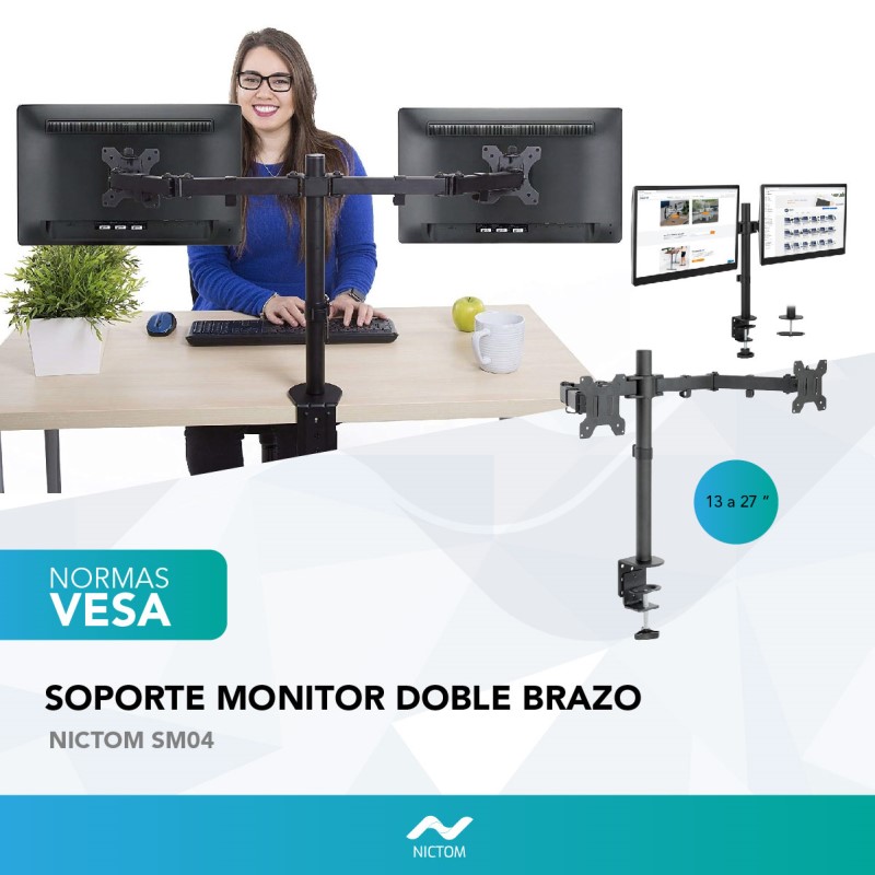 Soporte Tv /Monitor Doble Brazo de Mesa Nictom SM04 13 A 27 Articulado -  NICTOM SOPORTE P AUDIO TV Y VIDEO - Megatone