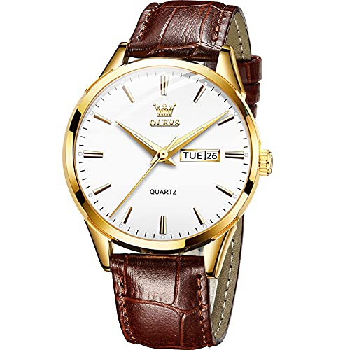 Reloj OLEVS para hombre, cuero marrón dorado, impermeable, con